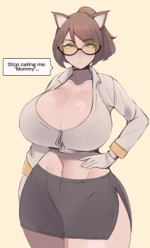 1girl absurdres animal_ears black_skirt blue_eyes breasts brown_hair cat_ears cat_girl cleavage closed_mouth collarbone commentary cowboy_shot curvy double-parted_bangs english_commentary english_text ferdi_(ferdinandusdart) ferdinandusdart glasses gloves grey_gloves grey_shirt hair_between_eyes hand_on_own_hip highres huge_breasts looking_at_viewer midriff miniskirt mole mole_under_eye original shirt short_hair side_slit simple_background skirt solo speech_bubble talking wide_hips yellow_background