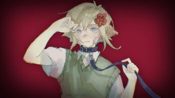 1boy arm_up artist_name basil_(faraway)_(omori) basil_(omori) black_collar blonde_hair blue_eyes closed_mouth collar collared_shirt commentary_request dated green_sweater_vest highres holding holding_leash leash looking_at_viewer male_focus o51515o omori red_background shirt short_sleeves smile solo sweater_vest upper_body white_shirt