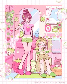 2girls basket bathroom bathtub blonde_hair bow bracelet braid brown_hair brushing_teeth bubble camisole cat clover_print commentary_request food food_print fruit fruit_print glasses green_bow green_eyes green_shorts green_slippers hair_bow hair_bun highres indoors jewelry korean_commentary long_hair looking_at_viewer low_twin_braids midriff mirror multiple_girls mxx025 navel original pants pink_shirt pink_slippers plaid_clothes plaid_pants plant potted_plant rabbit red_eyes shirt shorts single_hair_bun sink sitting slippers socks standing strawberry strawberry_print striped_clothes striped_shorts towel twin_braids white_socks window yellow_camisole
