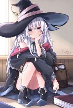 1girl absurdres artist_name bag bare_shoulders black_skirt blue_eyes blush book boots braid chinese_commentary commentary_request elaina_(majo_no_tabitabi) english_text hair_between_eyes hat head_rest highres long_hair looking_at_viewer majo_no_tabitabi off_shoulder ribbon robe shirt signature sitting skirt sleeveless sleeveless_shirt solo squatting white_hair white_shirt witch witch_hat ziguang_shengmo