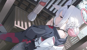 1girl back_bow black_hairband black_kimono blue_archive blush bow closed_mouth commentary_request flower from_behind grey_eyes hair_bun hair_flower hair_ornament hairband halo highres iv_(iv70311741) japanese_clothes kimono looking_at_viewer multicolored_hair obi own_hands_together pink_hair pink_halo plana_(blue_archive) sash smile solo two-tone_hair white_bow white_flower white_hair white_sash