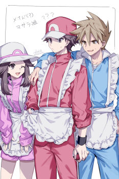 Rule 34 | 1girl, 2boys, 88 (einnimnech), apron, arm around shoulder, baseball cap, blue jacket, blue oak, blue pants, brown eyes, brown hair, closed mouth, commentary request, crossdressing, crossdressing (mtf), frilled apron, frills, hat, highres, holding, jacket, jersey maid, leaf (pokemon), long hair, maid, maid apron, male maid, multiple boys, nintendo, one eye closed, open mouth, pants, pink jacket, pink shorts, poke ball, poke ball (basic), pokemon, pokemon firered and leafgreen, red (pokemon), red hat, red jacket, red pants, short hair, shorts, smile, track jacket, unconventional maid, waist apron, white apron, white hat, wristband
