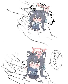 1girl 1other :&gt; :&lt; anger_vein animal_ear_fluff animal_ears black_hair black_shoes black_skirt blue_archive blue_jacket blue_necktie blush cat_ears chibi closed_eyes closed_mouth collared_shirt commentary_request fang fang_out hair_between_eyes halo headpat highres in_palm jacket long_hair mini_person minigirl necktie norippe_(user_zgsf8872) pleated_skirt red_eyes sensei_(blue_archive) serika_(blue_archive) shirt shoes simple_background sitting skirt socks translation_request twintails very_long_hair white_background white_shirt white_socks