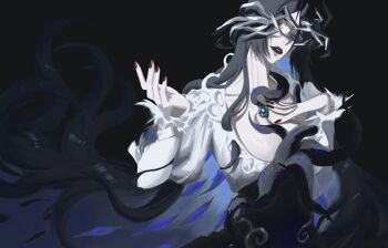 1girl black_hair blue_eyes hair_over_one_eye hand_on_own_chest hands_up highres light_smile looking_at_viewer nate71762013 parted_lips path_to_nowhere red_nails shin_(path_to_nowhere) solo standing tentacles upper_body