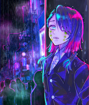 1boy aegyo_sal asymmetrical_bangs black_jacket blue_eyes building buttons colored_tips commentary_request demon_boy enmu_(kimetsu_no_yaiba) facial_mark hakakochan highres jacket kimetsu_no_yaiba long_sleeves looking_at_viewer male_focus medium_hair multicolored_hair night open_mouth outdoors people rain solo_focus suit_jacket symbol-shaped_pupils tears_facial_mark teeth textless_version trap undershirt upper_body upper_teeth_only variant_set wet wet_clothes