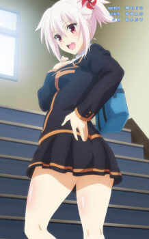 Rule 34 | 1girl, anime screenshot, arm up, ayakashi triangle, bag, black jacket, black skirt, blazer, blush, breasts, feet out of frame, from behind, genderswap, genderswap (mtf), hair between eyes, hand on own ass, holding, holding bag, jacket, japanese text, kazamaki matsuri, kazamaki matsuri (female), large breasts, long sleeves, looking at viewer, looking back, open mouth, pinwheel, pinwheel hair ornament, pleated skirt, red eyes, school bag, school uniform, shiny skin, sidelocks, skirt, solo, stairs, standing, stitched, teeth, thighs, third-party edit, upper teeth only, white hair