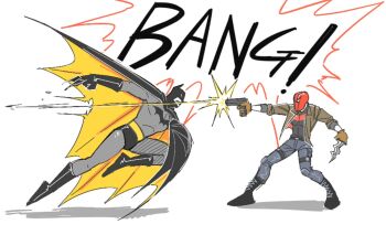 bat_signal batman batman_(series) batman_symbol be123be_be belt black_gloves bodysuit brown_jacket bruce_wayne dc_comics gloves grey_bodysuit highres jacket jason_todd male_focus mask masked multicolored_bodysuit multiple_boys muscular muscular_male open_clothes pants red_hood_(dc) red_hood_and_the_outlaws red_mask superhero_costume taut_bodysuit two-tone_bodysuit utility_belt