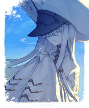 Rule 34 | 1girl, blue archive, blue background, border, closed mouth, colored skin, commentary request, cup, fading border, hair over one eye, halo, hat, holding, holding cup, large hat, long hair, long sleeves, malkuth (blue archive), miroku san-ju, outside border, signature, sleeves past fingers, sleeves past wrists, smile, solo, steam, symbol-shaped pupils, translation request, white border, white hair, white skin, x-shaped pupils, yellow eyes, yellow halo