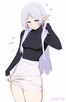 1girl alternate_costume artist_name bilingual_commentary black_sweater breasts commentary cowboy_shot earrings elf floating_earrings frieren green_eyes grey_hair grey_skirt highres jewelry long_hair long_pointy_ears long_sleeves looking_at_viewer miniskirt mixed-language_commentary open_mouth parted_bangs pointy_ears short_eyebrows simple_background skirt skirt_tug small_breasts solo sousou_no_frieren sweater sweater_tucked_in teardrop_earrings thick_eyebrows thighs turtleneck turtleneck_sweater usagihop white_background