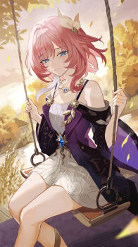 1girl absurdres bare_shoulders blue_eyes breasts closed_mouth coat commentary cyrene_(aedes_elysiae)_(honkai:_star_rail) cyrene_(honkai:_star_rail) dress feet_out_of_frame hair_ornament highres honkai:_star_rail honkai_(series) jewelry looking_at_viewer medium_hair nanjo_maya necklace on_swing outdoors pink_hair pink_pupils purple_coat small_breasts smile solo swing swinging_on_swing white_dress