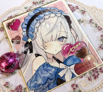 Rule 34 | 1girl, absurdres, blue hairband, candy, chocolate, chocolate heart, commentary request, food, hair over one eye, hairband, heart, heart-shaped food, highres, kinoeda tamase, lolita fashion, lolita hairband, long hair, looking at viewer, mahou shoujo no majo saiban, natsume an-an, one side up, painting (medium), photo (medium), purple eyes, shikishi, solo, traditional media, upper body, valentine, watercolor (medium)