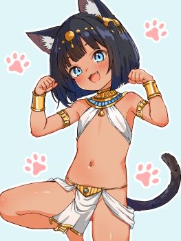 1girl :3 :d absurdres ancient_egyptian ancient_egyptian_clothes animal_ears anklet armlet bell bikini black_hair blue_background blue_eyes blunt_ends bracelet cat_ears cat_girl cat_tail dark-skinned_female dark_skin fang flat_chest gold_anklet gold_armlet gold_bracelet head_chain highres brown_egyptian_cat-eared_loli_(trend) jewelry loli navel neck_bell open_mouth original paw_pose paw_print paw_print_background pelvic_curtain rpca short_hair simple_background sling_bikini_top smile stomach swimsuit tail usekh_collar white_bikini