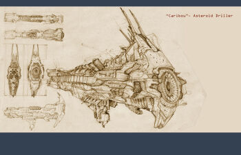 Rule 34 | blueprint (medium), brown theme, commentary, concept art, english commentary, english text, eve online, from side, highres, letterboxed, multiple views, no humans, original, outer ring excavations (eve online), pintoro, science fiction, spacecraft, vehicle focus