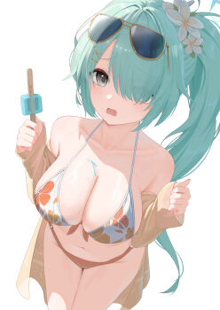 1girl absurdres bikini blue_archive breasts eyewear_on_head floral_print floral_print_bikini food from_above front-tie_bikini_top front-tie_top green_eyes green_hair hair_over_one_eye highres hiyori_(blue_archive) hiyori_(swimsuit)_(blue_archive) large_breasts long_hair mismatched_bikini multicolored_bikini orange_bikini pige_pig ponytail popsicle print_bikini solo sunglasses swimsuit