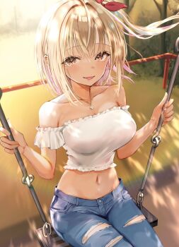 1girl aisaka_matsuri bare_shoulders blonde_hair blue_pants breasts collarbone colored_inner_hair denim hair_ribbon jeans jewelry mappaninatta midriff multicolored_hair navel necklace novel_illustration off-shoulder_shirt off_shoulder official_art on_swing open_mouth pants pink_hair red_ribbon ribbon second-party_source shirt solo swing teniireta_saimin_app_de_yume_no_harem_seikatsu_wo_okuritai torn_clothes torn_jeans torn_pants white_shirt yellow_eyes