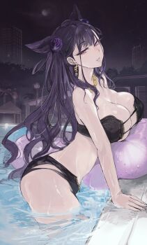 1girl absurdres bare_shoulders bikini black_bikini blush breasts brown_hair cleavage cone_hair_bun earrings ebichannoshippo eyepatch_bikini fate/grand_order fate_(series) hair_bun hair_ornament highres jewelry large_breasts long_hair looking_at_viewer murasaki_shikibu_(fate) murasaki_shikibu_(purple_eye)_(fate) necklace night parted_lips pool poolside purple_eyes sky solo swimsuit thighs two_side_up water wet