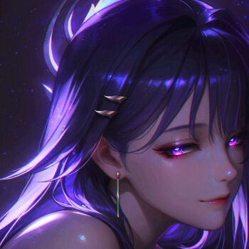 1girl closed_mouth commentary_request earrings from_side glowing glowing_eyes hair_ornament honkai_(series) honkai_impact_3rd jewelry long_hair looking_at_viewer looking_to_the_side portrait purple_hair raiden_mei raiden_mei_(herald_of_dawn) smile solo wo_jiushi_kanbudong