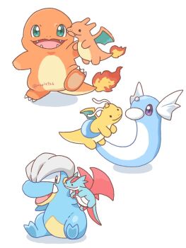 Rule 34 | bagon, charizard, charmander, commentary, dragon, dragonite, dratini, fangs, fire, flame-tipped tail, gen 1 pokemon, gen 3 pokemon, holding, holding stuffed toy, kana (maple926), nintendo, no humans, open mouth, pokemon, pokemon (creature), pokemon focus, salamence, smile, stuffed animal, stuffed toy, symbol-only commentary, tail, wings