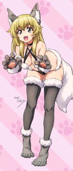 1girl absurdres animal_ears animal_hands black_panties blonde_hair blush breasts carpaccio_(girls_und_panzer) cleavage cosplay erakin fake_animal_ears fake_tail full_body girls_und_panzer gloves green_eyes grey_thighhighs highres large_breasts long_hair open_mouth panties paw_gloves paw_socks simple_background smile solo tail thighhighs underwear wolf_ears wolf_tail
