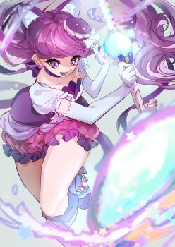 1girl absurdres animal_ears attack attack_trail blunt_bangs boots bow bow_choker bubble_skirt cat_ears cat_girl cat_tail choker collarbone cure_macaron earrings elbow_gloves eyelashes floating_hair food food-themed_hair_ornament frilled_skirt frilled_sleeves frills full_body gloves glowing grey_background hair_ornament hair_ribbon high_heel_boots high_heels highres holding holding_wand jewelry kirakira_precure_a_la_mode kneehighs kotozume_yukari long_hair looking_at_object loose_socks macaron magic magical_girl miniskirt paw_shoes pink_skirt precure puffy_short_sleeves puffy_sleeves purple_boots purple_bow purple_choker purple_eyes purple_hair purple_shirt purple_socks ribbon shipu_(gassyumaron) shirt short_sleeves skirt socks solo star_(symbol) stud_earrings tail very_long_hair wand wavy_hair white_gloves white_ribbon white_sleeves