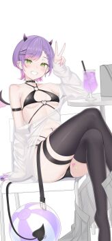 1girl :d absurdres arm_strap ball barbell_piercing beachball belt bikini black_bikini black_choker braid braided_bangs breasts chair choker cross cross_earrings crossed_legs demon_girl demon_horns demon_tail demon_wings ear_piercing earrings gradient_hair green_eyes grey_skirt grin hair_ornament hairclip hand_up heart heart_o-ring highres hip_tattoo hololive horns industrial_piercing jewelry linea_alba miniskirt mismatched_earrings multi-strapped_bikini_bottom multi-strapped_bikini_top multicolored_hair navel_piercing o-ring o-ring_bikini o-ring_top on_chair open_belt open_mouth parallel_hairclips piercing pink_hair pleated_skirt pointy_ears purple_hair see-through_clothes see-through_shirt shirt shirt_partially_removed short_hair simple_background sitting skirt skirt_partially_removed sleeves_past_wrists small_breasts smile solo spiked_ear_piercing swept_bangs swimsuit tail tail_ornament tail_piercing tattoo thigh_strap tojo_aoi tokoyami_towa v virtual_youtuber white_shirt winged_heart winged_heart_tattoo wings