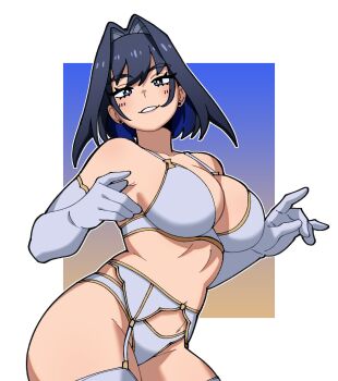 1girl blue_hair blush bra breasts dynobluevt garter_belt gloves hair_intakes hololive hololive_english large_breasts lingerie ouro_kronii tagme underwear virtual_youtuber