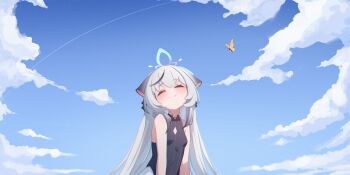 1girl animal_ears black_dress black_streaks blue_archive blue_halo blue_sky breasts bug butterfly china_dress chinese_clothes closed_eyes clothing_cutout cloud cocokawa_(cjsj8353) day diamond_cutout dress grey_hair halo highres insect kokona_(blue_archive) long_hair outdoors sky small_breasts smile solo striped_clothes striped_dress tiger_ears tiger_girl vertical-striped_clothes vertical-striped_dress very_long_hair