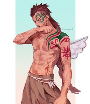 1boy arm_tattoo blood blood_on_body blood_on_face border brown_hair commentary_request earrings facial_tattoo forked_eyebrows highres jewelry korean_commentary long_hair looking_ahead male_focus mulso one_piece pearl_earrings ponytail skirt solo tattoo topless_male twitter_username white_border white_wings wings wyper_(one_piece)