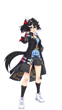 1girl animal_ears bad_link belt black_hair black_shorts black_vest blue_eyes blue_shirt button_gap ear_covers full_body game_model gloves hair_between_eyes hair_ornament highres horse_ears horse_girl horse_tail jacket katsuragi_ace_(dragon_rising_to_the_top)_(umamusume) katsuragi_ace_(umamusume) long_sleeves looking_at_viewer multicolored_hair open_clothes open_mouth pointing pointing_at_viewer ponytail shirt shoes short_hair short_shorts short_sleeves shorts smile socks solo standing streaked_hair tachi-e tail tassel tassel_hair_ornament transparent_background two-tone_gloves umamusume v-shaped_eyebrows vest white_hair