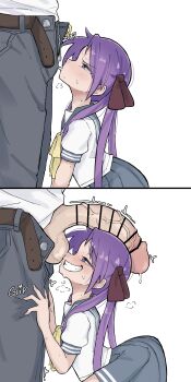 1boy 1girl 2koma bar_censor belt blue_eyes blue_skirt blush bow brown_belt censored comic erection from_side grin hair_ribbon hetero hiiragi_kagami huge_penis large_penis loli long_hair looking_at_penis lucky_star pants penis penis_awe penis_on_face pleated_skirt precum purple_eyes purple_hair ribbon ryouou_school_uniform sailor_collar school_uniform serafuku shirt short_sleeves simple_background skirt smelling smile smug sweat testicles twintails veins veiny_penis white_background white_shirt yellow_bow zlix0n