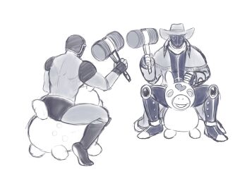 Rule 34 | 2boys, artist request, cowboy hat, full body, hammer, hat, holding, holding hammer, holding weapon, inflatable toy, kinnikuman, looking at another, monochrome, multiple boys, muscular, parody, pessimiman, warsman, weapon, what, white background, wrestling