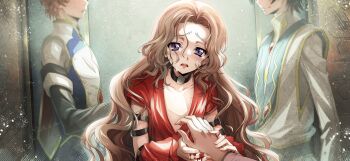 1girl bare_shoulders choker code_geass code_geass:_lost_stories commentary_request crying dress elbow_gloves f4samurai gloves highres long_hair multiple_boys nunnally_vi_britannia official_art open_mouth purple_eyes red_dress sad short_hair solo teeth very_long_hair