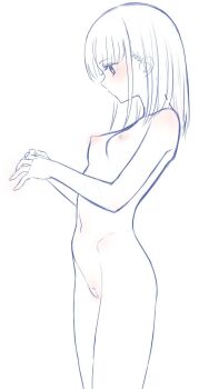 1girl bar_censor blush breasts censored closed_mouth cowboy_shot highres hip_bones lineart medium_hair mustee navel nipples nude original profile pussy ribs sidelocks sketch small_breasts solo spot_color white_background