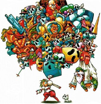 3girls 6+boys 6+others android animal_ears armor bandana bee bug cat cat_ears celes clancer dog emperor_leo everyone frog game_arts glasses gloves green_hair holding insect lunar_(yuke_yuke!!_trouble_makers) marina_liteyears merco_(yuke_yuke!!_trouble_makers) migen_jr. migen_sr. mole multiple_boys multiple_girls multiple_others professor professor_theo tarus_(yuke_yuke!!_trouble_makers) teran yuke_yuke!!_trouble_makers