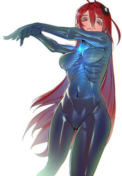 1girl ahoge alternate_costume blue_bodysuit blue_fire bodysuit bow breasts commentary covered_navel double-parted_bangs elizabeth_rose_bloodflame english_commentary fire hair_between_eyes hair_bow highres hololive hololive_english huge_ahoge inktober long_hair long_hair_between_eyes looking_at_viewer medium_breasts outstretched_arm red_eyes red_hair shiraishiku simple_background skeleton_costume skin_tight smol_erb solo standing very_long_hair virtual_youtuber white_background
