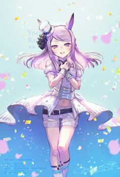 Rule 34 | 1girl, animal ears, blush, boots, clothing cutout, coat, commentary request, gloves, hands on own chest, hat, highres, horse ears, horse girl, long hair, looking at viewer, mejiro mcqueen (end of the skies) (umamusume), mejiro mcqueen (umamusume), midriff, mini hat, mini top hat, navel, official alternate costume, parted lips, purple eyes, purple hair, shirt, short sleeves, shorts, shoulder cutout, smile, solo, top hat, umamusume, vest, white boots, white coat, white gloves, white hat, white shirt, white shorts, white vest, y kuroki