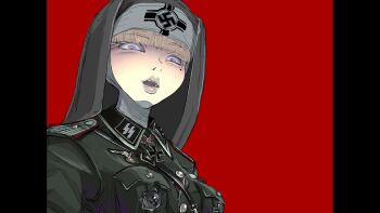 1girl ahoisy blonde_hair breasts coat commentary_request cross emblem green_coat grey_lips highres iron_cross medium_breasts military_uniform mole mole_under_eye nazi nun open_mouth original pillarboxed portrait purple_eyes solo ss_insignia swastika