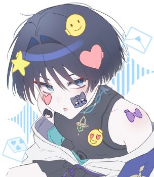 Rule 34 | 1boy, aqua kimono, bare shoulders, black bodysuit, black bow, black shorts, blue eyes, blunt ends, bodysuit, bow, bright pupils, cat face sticker, commentary, constricted pupils, covered collarbone, eyeliner, eyeshadow, genshin impact, grey hair, hair intakes, hakama, hakama shorts, highres, japanese clothes, juban, kimono, letter, looking at viewer, makeup, male focus, off shoulder, open clothes, open kimono, pleated shorts, red eyeliner, red eyeshadow, sanpaku, scaramouche (cat) (genshin impact), scaramouche (genshin impact), shorts, sitting, skalamushu, solo, sticker, sticker on face, symbol-only commentary, tongue, tongue out, tsurime, wanderer (genshin impact), white background, white kimono, white pupils, wispy bangs