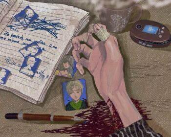 Rule 34 | 1other, ambiguous gender, bandaged hand, bandages, bleeding, blood, french text, fuquan9921, hand focus, ipod, mp3 player, original, other focus, paper cutout, pen, photo (object), pov, pov hands, self-harm, solo, steaming cup, translation request, wrist cutting