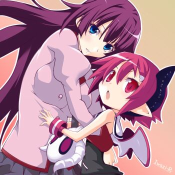 Rule 34 | 2girls, artist name, bakemonogatari, bat wings, blue eyes, demon girl, demon tail, disgaea, hair ornament, highres, hug, iwashi dorobou -r-, long hair, makai senki disgaea 3, monogatari (series), multiple girls, pink hair, pointy ears, purple hair, raspberyl, red eyes, saitou chiwa, school uniform, voice actor connection, senjougahara hitagi, tail, wings