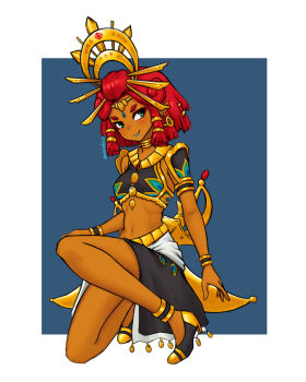 1girl armor azurdraws black_shirt black_skirt blue_lips blush circlet closed_mouth commentary_request crop_top dark-skinned_female dark_skin earrings eyelashes full_body gerudo green_eyes highres jewelry lipstick makeup midriff navel nintendo pointy_ears red_hair riju shirt short_hair simple_background skirt smile solo spanish_commentary the_legend_of_zelda the_legend_of_zelda:_tears_of_the_kingdom thick_eyebrows