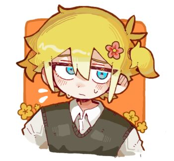 1boy alternate_hairstyle antenna_hair basil_(faraway)_(omori) basil_(omori) blonde_hair blue_eyes blush closed_mouth collared_shirt commentary_request double-parted_bangs flower flying_sweatdrops green_sweater_vest hair_between_eyes hair_flower hair_ornament highres looking_at_viewer male_focus omori shirt short_hair short_sleeves sidelocks solo sweat sweater_vest uminosoko44 white_shirt