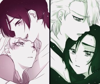 1046sstep_btoh 1boy 1girl age_comparison bleach commentary_request highres hinamori_momo hitsugaya_toushirou hug limited_palette one_eye_closed open_mouth smile split_screen