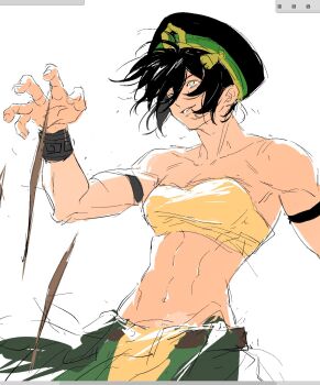1girl aged_up avatar:_aang_the_last_airbender avatar:_the_last_airbender avatar_legends blind crop_top element_bending floating_rock geokinesis green_hairband green_pants gymnopedies2 hair_bun hairband highres muscular muscular_female pants single_hair_bun sketch solo toph_beifong