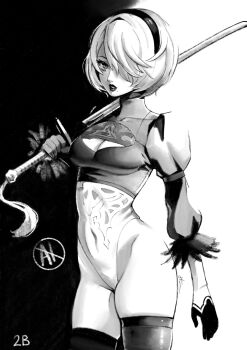 1girl 2b_(nier:automata) absurdres breasts character_name cleavage cleavage_cutout clothing_cutout commentary covered_navel eightyfourart eyelashes greyscale hair_over_one_eye hairband highleg highleg_leotard highres holding holding_sword holding_weapon leotard looking_at_viewer medium_breasts mole mole_under_mouth monochrome nier:automata nier_(series) puffy_sleeves short_hair solo standing sword sword_tassel tassel weapon