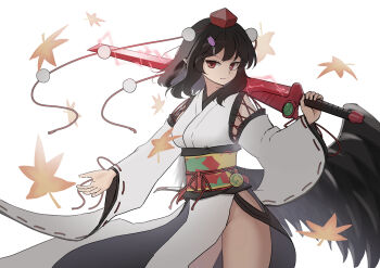 Rule 34 | absurdres, allcy49, black hair, denkou choujin gridman, detached sleeves, hat, highres, holding, holding sword, holding weapon, japanese clothes, kimono, kourindou tengu costume, leaf, maple leaf, obijime, pelvic curtain, red eyes, sash, shameimaru aya, side slit, sword, thighs, tokin hat, touhou, weapon, white kimono