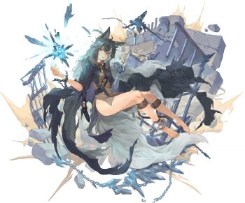 1girl absurdres animal_ears bandaged_arm bandages barefoot belt black_cloak black_hair broken broken_chain brown_eyes cage chain cloak crystal game_cg gradient_hair hair_between_eyes heterochromia highres lock momo_(sword_of_convallaria) multicolored_hair non-web_source official_art padlock padlocked_collar rags scar scar_across_eye scar_on_face single_ankle_cuff solo sword_of_convallaria tail torn_cloak torn_clothes transparent_background white_eyes white_hair