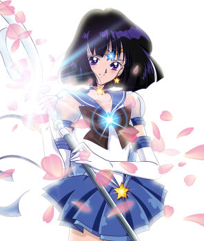 1girl absurdres back_bow bishoujo_senshi_sailor_moon bishoujo_senshi_sailor_moon_crystal bishoujo_senshi_sailor_moon_stars black_hair blue_bow blue_choker blue_ribbon blue_sailor_collar blue_skirt bow brooch brown_bow choker circlet closed_mouth cowboy_shot earrings elbow_gloves gloves highres holding holding_polearm holding_weapon jewelry layered_skirt looking_at_viewer petals pleated_skirt polearm puffy_sleeves purple_eyes ribbon riccardo_bacci sailor_collar sailor_saturn sailor_senshi_uniform see-through_clothes see-through_sleeves short_hair silence_glaive simple_background skirt smile solo standing star_(symbol) star_brooch star_choker star_earrings super_sailor_saturn_(stars) tomoe_hotaru weapon white_background white_gloves