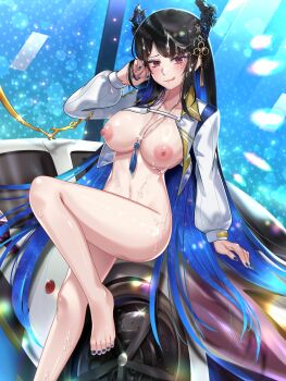 1girl :q asymmetrical_horns bare_arms bare_legs barefoot black_hair blue_hair blue_nails breasts car clothes_writing collarbone colored_inner_hair cropped_jacket cum cum_on_body cum_on_breasts cum_on_hair cum_on_upper_body flower flower_knot hair_ornament hand_up highres hololive hololive_english horn_flower horns jacket jewelry large_breasts liyan1112 long_hair looking_at_viewer mole mole_under_eye motor_vehicle multicolored_hair nail_polish naked_jacket navel necklace nerissa_ravencroft nipples nude purple_eyes sidelocks sitting solo tassel tassel_hair_ornament toenail_polish toenails tongue tongue_out uneven_horns very_long_hair virtual_youtuber white_jacket