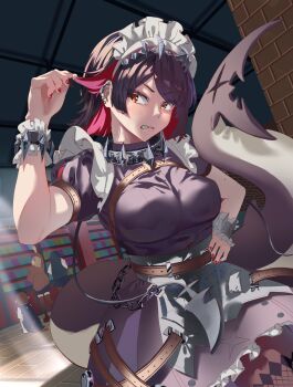 1girl absurdres belt black_hair blonde_hair blue_skirt blush book breasts brick_wall brown_coat brown_hair closed_mouth coat colored_inner_hair ellen_joe fangs fins fish_tail frills hair_ornament hairband harukimatsui_25 hiding highres large_breasts long_hair looking_at_viewer lynn_(zenless_zone_zero) maid maid_headdress metal_hairband mole mole_on_arm mole_under_eye monna_(zenless_zone_zero) multicolored_hair nail_polish pantyhose razor_blade_hair_ornament red_eyes red_hair red_nails ruby_(zenless_zone_zero) scar scar_on_tail school_uniform shark shark_girl shark_tail short_hair skirt solo tail two-tone_hair zenless_zone_zero